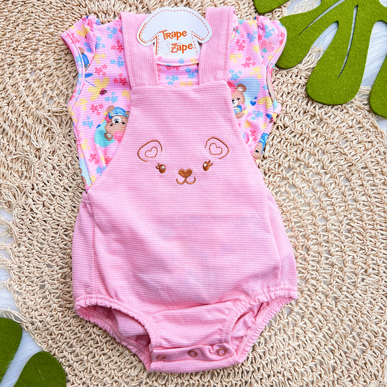 Conj. Blusa Baby Girl e Jardineira Ursinha - Rosa